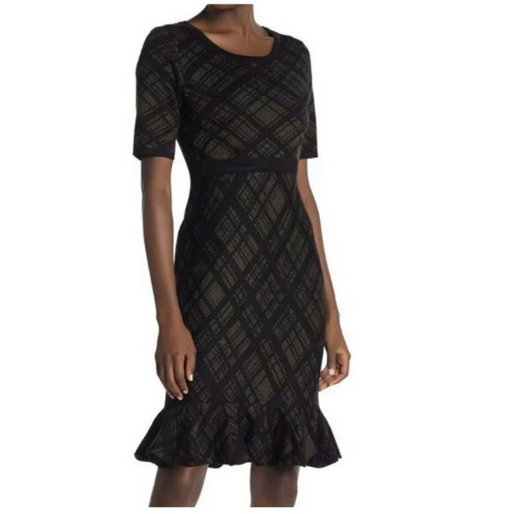 NINA LEONARD PLAID PRINTED RUFFLE PEPLUM HEM KNIT SWEATER DRESS SMALL - Picture 1 of 8